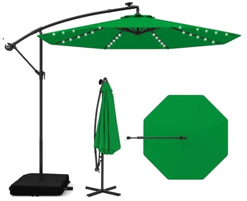 COSTWAY Parasol Déporté 3x3M, Parasol de Jardin Extérieur 40 LED Solaire avec 2 Sacs de Sable, Protection UV, Socle en Croix, Inclinable, Manivelle, pour Balcon, Jardin, Terrasse, Plage (Vert)