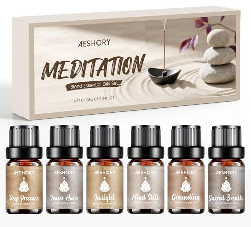 AESHORY Meditation Ätherische Öle Set für Diffuser 6 x 10ML, Ätherische Ölmischung, Aromatherapie Duftöl Geschenkset - Erdung, Heiliger Atem, Ruhiger Geist, Innerer Heiligenschein, Einsicht