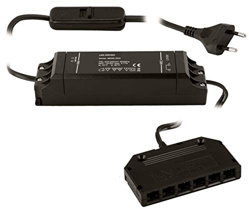 SO-TECH® Trafo Transformator 220-240V schwarz 12V/50W Konverter mit Schiebeschalter und 6-fach Verteiler