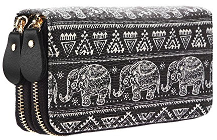 Geldtasche Damen Geldbörse Reißverschluss-Brieftaschen groß Kapazität Canvas Geldbeutel Tasche Damen Portemonnaie - Mescara (Elefant schwarz)