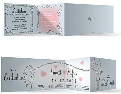 Personalisierte Hochzeit Einladungskarten 10 bis 100 Stück Hochzeitseinladungen Hochzeitskarten - Küssendes Paar Motiv, DIN A6 Zickzackfalz Klappkarten mit eigenem Text 300g/qm Kartonpapier