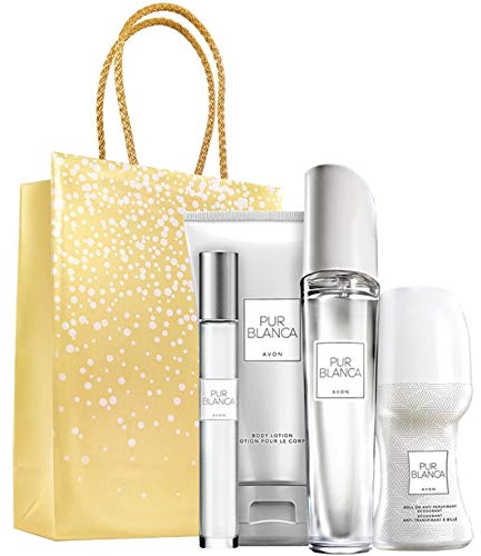 Avon Pur Blanca Parfumset 4 tlg. Eau de Parfum Spray/Bodylotion/Deoroller/Parfumroller blumig/frisch + goldene Geschenktasche