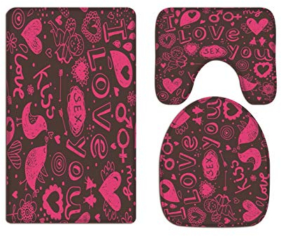 A.Monamour Badezimmer Badematte 3 Teilig Set Romantische Rosa Herzen Vögel Küssen Amors Pfeil Ich Liebe Dich Motiv Muster Valentinstag Dekore Flanell Badteppiche Badvorleger Badgarnitur WC Vorleger