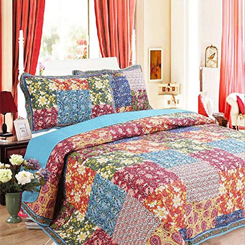 Bettueberwurf Amerikanischen Stil Gesteppt Quilt Tagesdecke 100% Baumwolle Bettwäsche 3 PCS Multifunktions-Klimaanlage Decke König Queen Size Bedspread (230X250 cm) Kissenbezüge (50X70 cm X 2)
