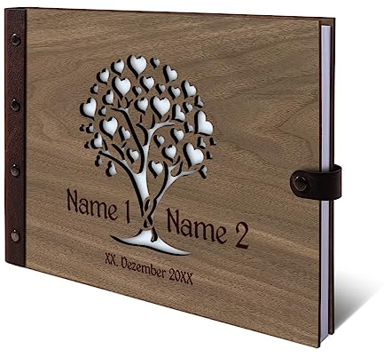 Personalisiertes Hochzeit Gästebuch echtes Holz DIN A4 Hochzeitsbuch mit Lasergravur - Herzbaum - mit 72 Blatt / 144 Seiten Naturpapier Weiß