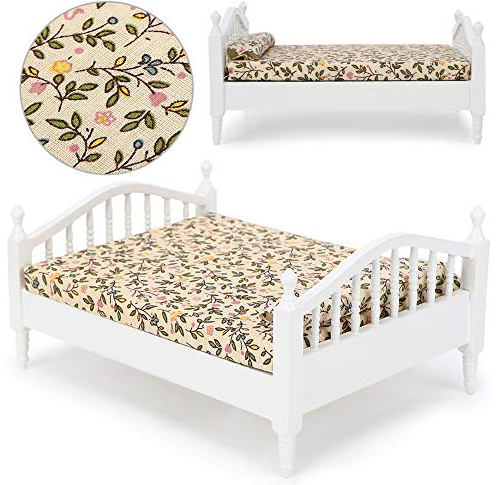 Tnfeeon 1:12 Puppenhaus Dekoration, Kinder Puppenhaus Miniatur Schlafzimmer Einzelbett mit Matratze Holz Mini Modell Set Zubehör(Bett)