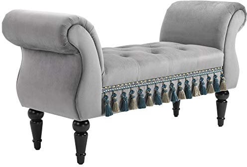 HOMCOM Banc Banquette capitonnée Velours Bout de lit avec accoudoirs Pieds Bois hévéa Gris 40P x 117l x 58H cm