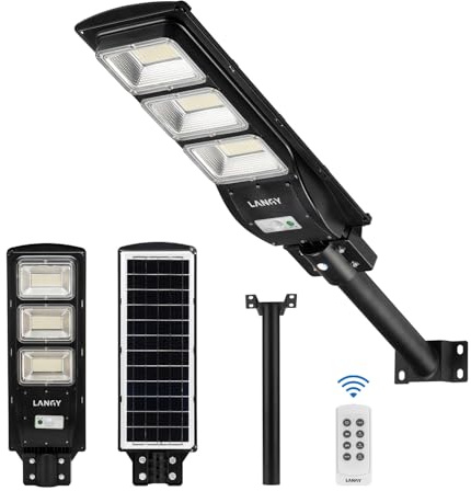 LANGY Upgraded 9000 Lumens, 180 PCS LED Solar Powered Street Lamp Outdoor,15000 mAh Battery, PIR Motion Sensor,6000K, Dusk to Dawn Security Led Post Street Light,Black