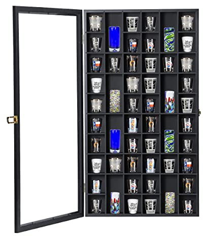 Shot Glass Display Case Large Wooden Cabinet Rack Holder Wall Mounted Black Shadow Box Lockable with UV Protection Acrylic Glass Door Shot Glass Storage Case with Removable Shelves, 17x32, 52 Slots