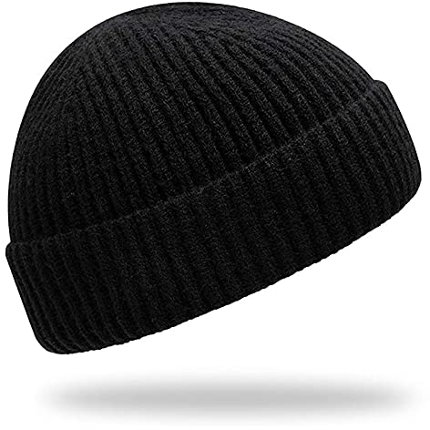 Furwabo Trawler Beanie Watch Hat Roll-up Edge Angler, Ski Winter Warm Knit Caps Unisex, schwarz, Medium