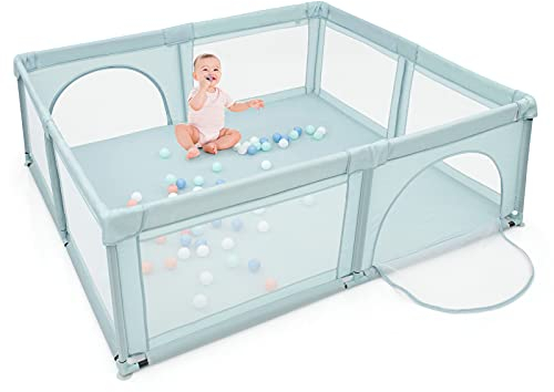 COSTWAY 206 x 185,5cm Baby Laufstall mit 50 Spielbällen, Laufgitter mit atmungsaktivem Netz und Reißverschluss, Krabbelgitter mit 2 Türen, Laufgitterzelt für Säuglinge und Kinder (Blau)