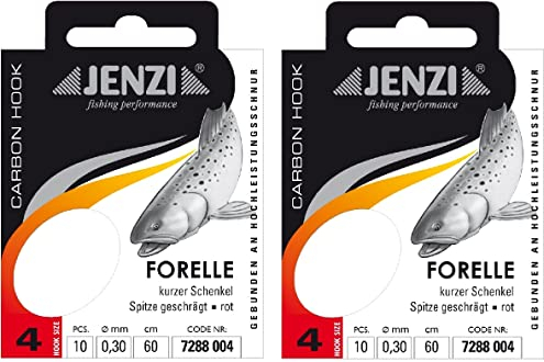 Spar-Set: 2 Packungen JENZI gebundene Forellenhaken (20 Stück) r Mono, 60cm Hakengröße 4, 6, 8, 10 & 12 je nach Auswahl + gratis Petri Heill! Aufkleber (Hakengröße 4)