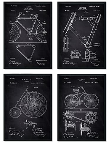 Nacnic SCHWARZ Fahrrad Patent Poster 4er-Set. Vintage Stil Wanddekoration Abbildung von Sports und Alte Erfindungen. Verschiedene atletische Fitness Bilder ohne Rahmen. Größe A4.