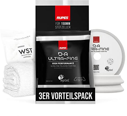Polierpad Set: Rupes Bigfoot Polierschwamm für 150mm Stützteller | D-A Ultrafine Ø150-180mm weiß (3 STK.) + ChemicalWorkz Premium Poliertuch 500GSM | 4-teilig