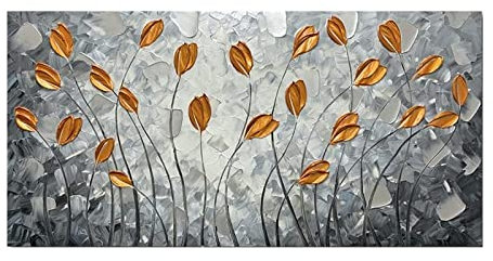 Handgemalte Acrylbilder, Graue Dicke Strukturierte Goldene Tulpenblumen Abstraktes Modernes Großes Handgemaltes Messer-Kunstwerk Gemälde Auf Leinwand Wandkunst Für Heimbüro-Dekorationen Wohnzim