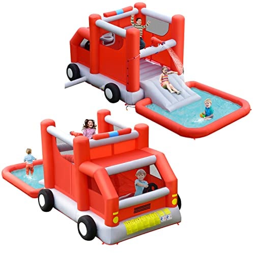 COSTWAY Castello Gonfiabile per Bambini, Casa Gonfiabile con Scivolo, Piscina, Area per Saltare, con Borsa di Trasporto e Kit di Riparazione, per 3 Bambini di 3-10 Anni