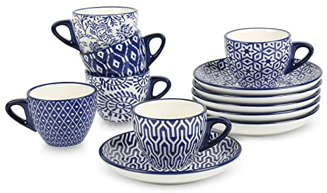 Selamica Ceramic 2 oz Espresso Cups, Small Expresso Coffee Cup Set with Saucers, Porcelain Mini Demitasse Cups for Latte Mocha Tea, Set of 6, Vintage Blue