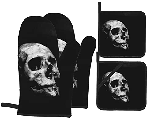 Gruselige Ofenhandschuhe mit Totenkopf-Motiv, hitzebeständige Ofenhandschuhe und Topflappen, sicher zum Backen, Kochen, Grillen, Küche