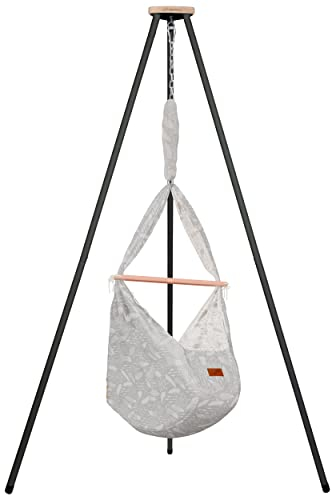 SCHMUSEWOLKE Federwiege - Set mit Tipi-Gestell in Anthrazit - Hängematte für Babys und Kleinkinder ab Geburt bis 3 Jahre - Bio-Baumwolle - Dreamcatcher WarmGrey