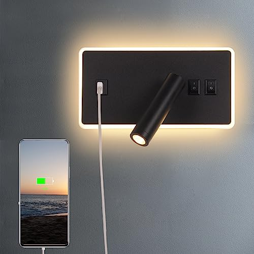 AIRTWESD USB-Aufladung Nachttischlampe schwenkbar Wandleuchte Schlafzimmer Strahler Leseleuchte Licht zum Lesen Flur mit Schalter (3W + 9W 3000k)