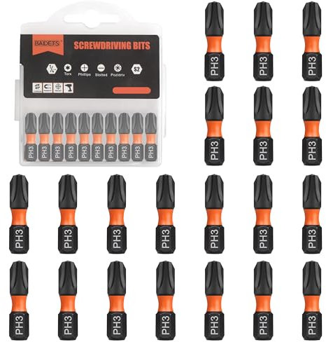 BAIDETS Pro PH3 Bit-Sortiment - Schraubendreher Bits Set 20 Stück, 25mm Länge, Schrauber-Bit, 1/4 Sechskantschaft, mit Spender-Box