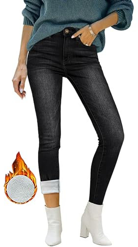 Roskiky Jeans Damen High Waist Hosen Straight Herbst Outfit Leggings Schwarz Winter Fleece Verblasstes M
