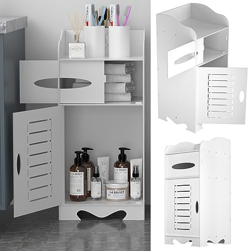 Bathroom Floor Storage Cabinet, Waterproof Kitchen Bathroom Storage Unit with Single Door & Shelves, Home Furniture Unit Side Table Cabinet, White Small Free Standing Cupboard for Tiny Laundry Room