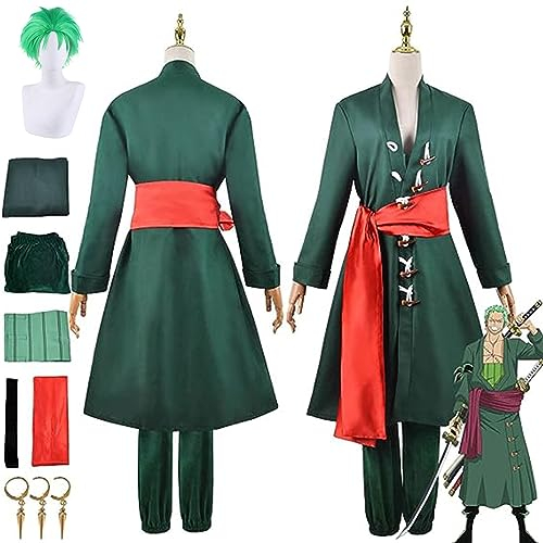 SZYDM Anime One Piece Roronoa Zoro Cosplay-Outfit mit Perücke, grüne Robe, Umhang, Hosen, Ohrringe, komplettes Set, Halloween-Weihnachtsparty-Kleidung für Männer und Frauen,Women's,S