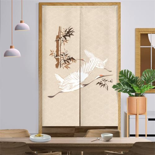 Surwin Rideau de Porte Japonais Long Tapisserie Noren en Lin Fenêtre Rideaux Panneau Tenture Tapisserie Décoration pour Cuisine Chambre Décoration de Maison (Grue Noble,85x180cm)