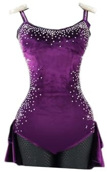 Latein-Tanzkleid, Latein-Tanzkostüm, Samt-Krawatte, violettes Kleid-Set, lila Tanzkleidung, Damen-Tanzkostüme, violett, XX-Large