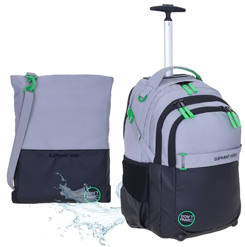 Elephant 2tlg. Set Trolley Schultrolley + Turnbeutel 13048 CB Grau Grün | Hero Signature Mädchen Jungen Kinder Schule Rucksack mit Rollen Räder Trolly Turnbeutel Atach Bag Trolleyrucksack