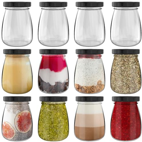 HEFTMAN Tarros pequeños de vidrio con tapas, juego de 12 botellas de chupito de vidrio herméticas vacías de 100 ml con tapas, tamaño de viaje, ollas a prueba de fugas, ollas de yogur, mini tarros de