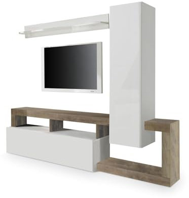 Web Convenienza Parete TV Hamburg Bianco Lucido Attrezzata - Mobile Televisore in Legno con Pensili ad Ante a Ribalta Moderno (1 Pensile Alto, Pero)