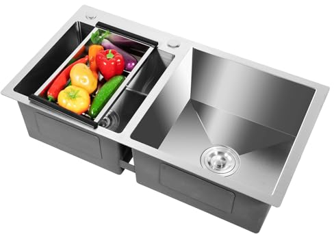 SOLOCJNL Fregadero doble de acero inoxidable, fregadero de cocina doble con escurridor, bajo encimera de acero inoxidable, fregadero empotrable para cocina, baño, 78 x 43 x 21 cm