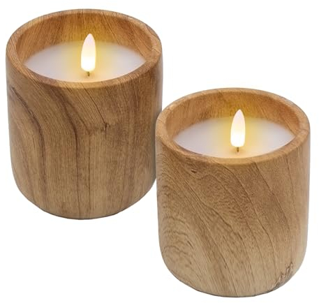 Spetebo LED Kerze im Keramik Becher mit Holz Optik 10 x 9 cm - 2er Set - Dekokerze Batterie betrieben mit Timer Funktion - Deko Stimmungslicht künstliche Flamme mit Flacker Effekt für Innen