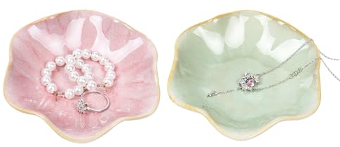 Nideen 2 Stück Schmuckschale Keramik Schmucktablett, Schmuckteller für Ringe Ohrring Schale deko Schlüsselschale(Rosa, Hellgrün)