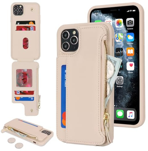 SailorTech Handyhülle für iPhone 11 Pro Max Etui mit Kartenfach, iPhone 11 Pro Max Hülle mit Kartenhalter, iPhone 11 Pro Max Handyhülle mit Reißverschluss Geldbörse - Aprikose