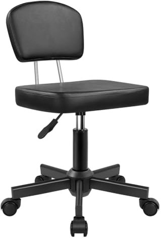 Rollhocker Stuhl mit Rückenlehne Höhenverstellbar 360° Drehhocker mit Rädern Quadratischer Sitz PU-Leder Rollhocker für Schlafzimmer Theke Shop Salon Massage Home Office Zeichenarbeit (Schwarz)