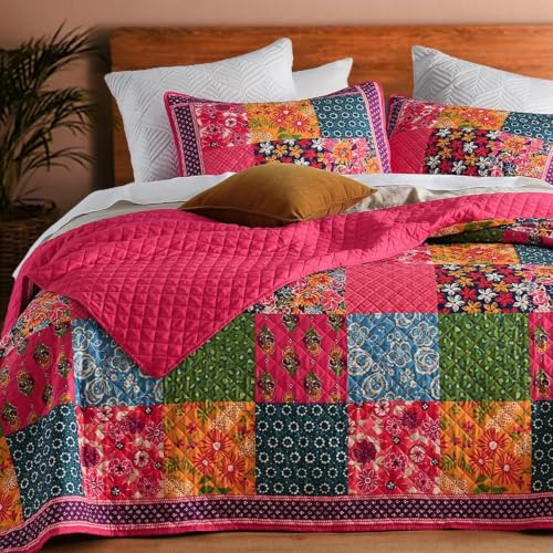 Tagesdecke Steppdecke Bettüberwurf mit 2 Kissenbezügen | Leichte Allseason-Decke (229x264 cm), 2x Kissenbezüge (51x76 cm), Beidseitig dekorative Tagesdecke Schlafzimmer, Rot