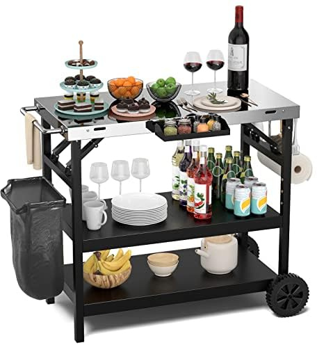 Generisch Barbecue Table with 3 Shelves, Barbecue Trolley with Adjustable Shelf, Phone Stand, Spice Rack, Towel Holder, Tissue Holder & Hook, Outdoor Serving Trolley, Side Table