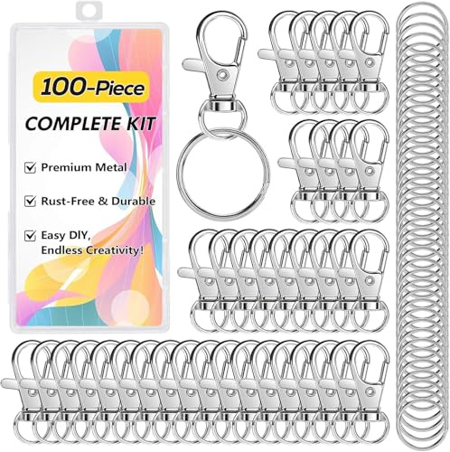 100PCS Keyring Making Kit – 50 Keychain Clips Hooks + 50 Key Rings for DIY Keyrings, Keychains, Jewelry, Lanyards, Swivel Lobster Clasp Set for Crafts, Silver Metal Key Ring Hoops