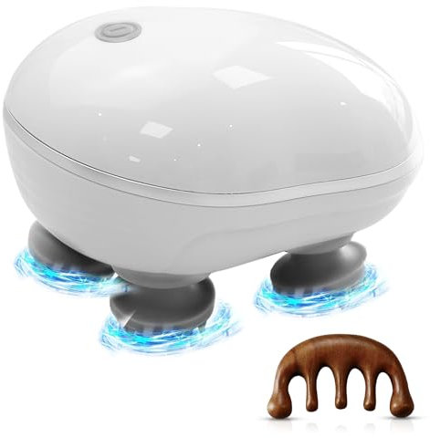 Elektrisches Kopfmassagegerät mit Infrarot Wärmelampe + Holzmassagekamm | Trocken & Nass (IPX7) | 10 Min Akkulaufzeit (wiederaufladbar - inkl. Ladekabel) | Tiefenreinigung für die Kopfhaut (Weiß)