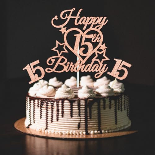 bng-bng 15th Birthday Cake Topper Girls Rose Gold Glittery Happy 15th Birthday Cake Cupcake Toppers For Girl 15 Fifteen Years Old Birthday Party Supplies Decorations