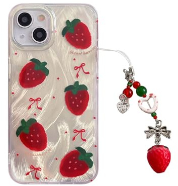 Tewwsdi Cute Glitter Strawberry Phone Case with Charm for iPhone 15,Kawaii Polka Dot Design Aesthetic Fruit Summer Phone Cases Girly Women，Never Fade ，1.5mm Raised Edges Protect (with Charm,6.1”)