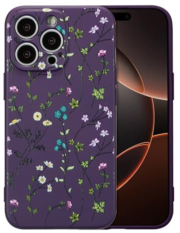 RALEAVO Flower Case for iPhone 16 Pro, Liquid Silicone Shockproof Protection Case Cover for Girls Women with Aesthetic Cute Floral Patterns Soft Slim Phone Case for iPhone 16 Pro 6.3-Purple