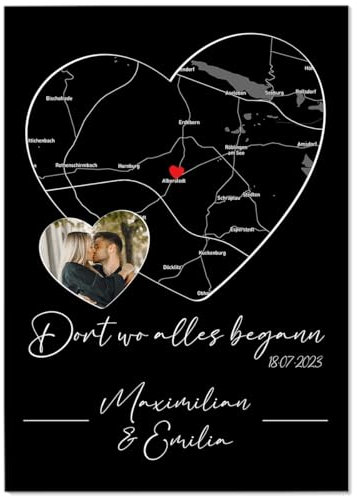 Pictalia - Personalisierte Poster für Paare Herz Wo alles begann, Treffpunkt, Datum des Treffens, personalisierbares Foto und Text, Geschenk für Männer und Frauen, Valentinstag, Paar-Geschenk