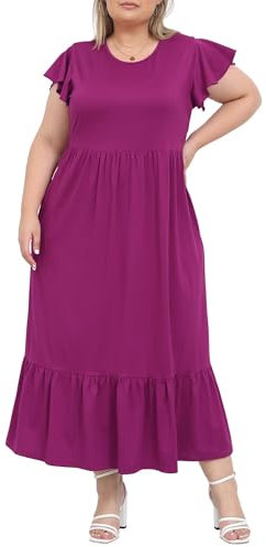 Moon Wood 2025 Robe Longue Femme Été Grande Taille Maxi Robe de Plage Fluide Robes Casual Manche Courte avec Poches Violet XXL