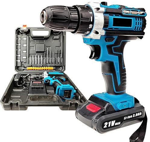 Perceuse Visseuse Sans Fil 21V, Visseuse Devisseuse avec 2 Batteries, 32Nm Percussion, 18+3 Réglages de Couple Perceuse, 2 Vitesses, 24 Accessoires, LED Light, pour la Bricolage (21V)