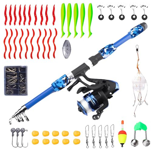 HOVCEH Angelset für Kinder, 1.8m Teleskop Angelrute Set Kinder mit Angelrolle und Köder Set, Kinderangel Starter Set, Angelset Kinder für Jungen, Mädchen, Anfänger Oder Jugendliche
