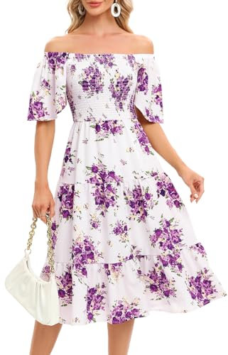 Bbonlinedress Robe Femme Chic et Elégant d'été Imprimée Fleurie à Epaules Dénudées Mi Longue Fluide A-Line pour Plage Casual Cocktail Soirée Bal Top Elastique Manches Courtes White Purple Rose L
